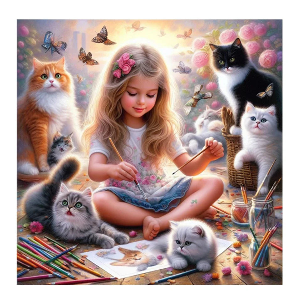 Diamond Painting - A Girl Painting with Cats