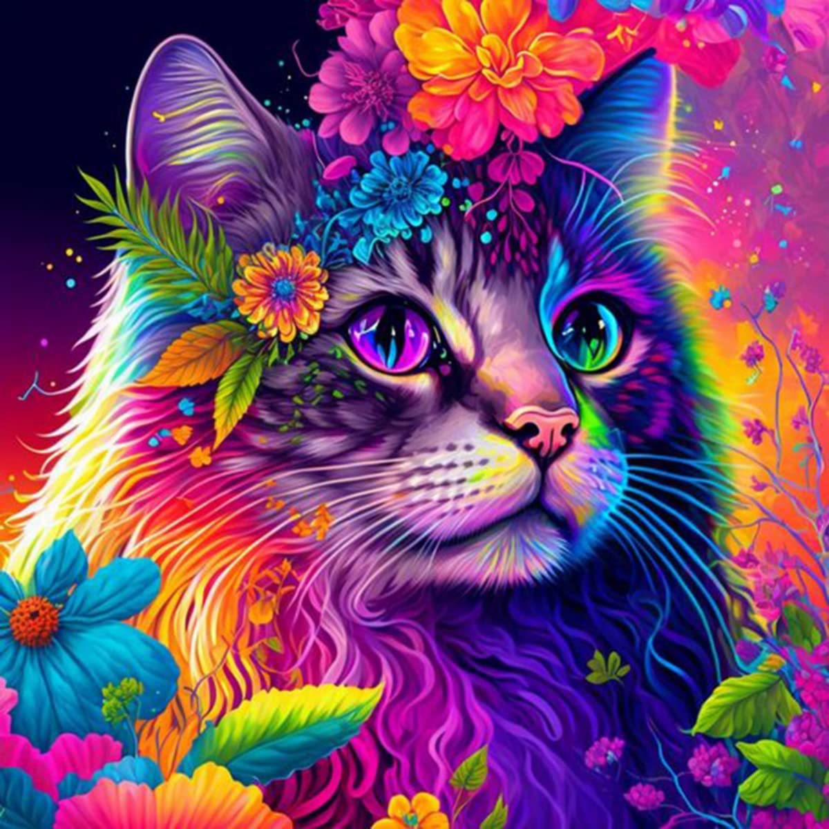 Diamond Painting - A Cat Surrounded by Colorful Flowers