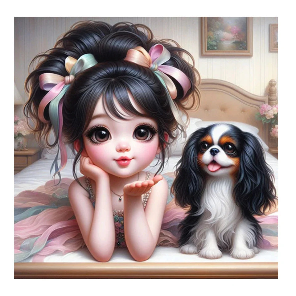 Diamond Painting - A Little Girl and Her Dog Lying on the Bed