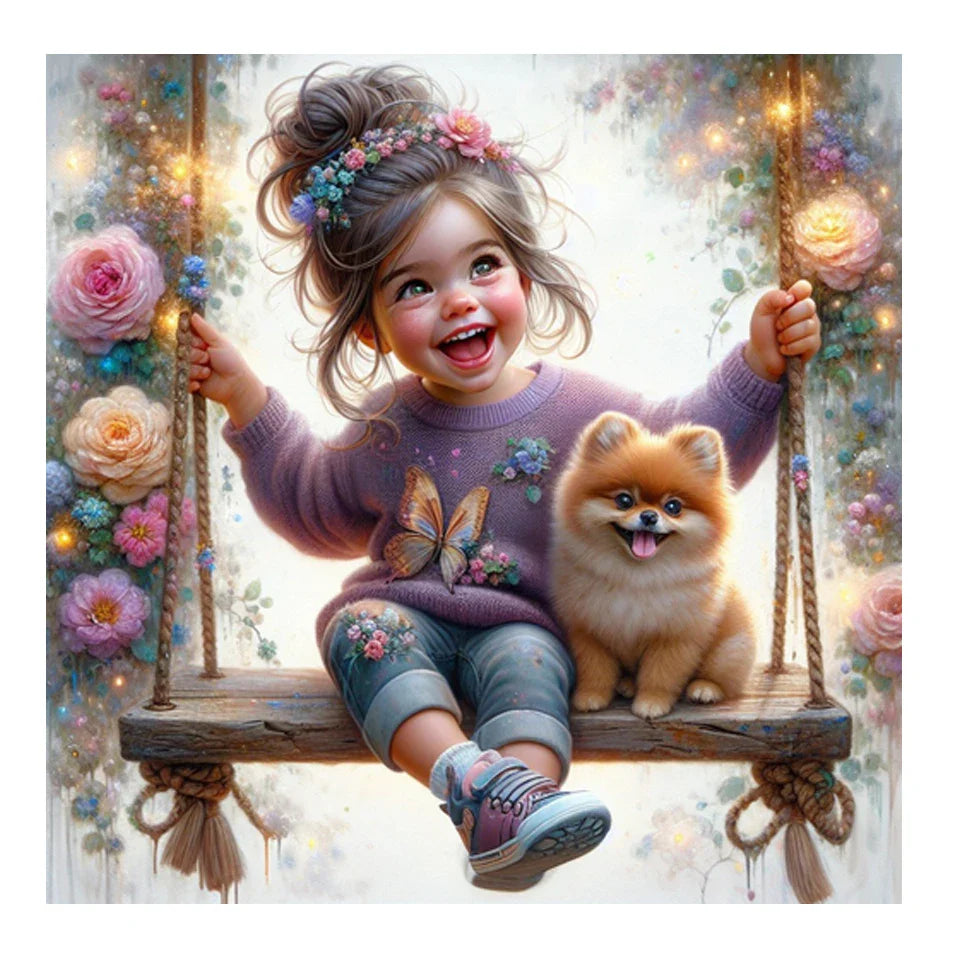 Diamond Painting -A Girl on a Swing with a Dog