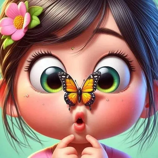 Diamond Painting - A Yellow Butterfly Resting on a Little Girl's Nose