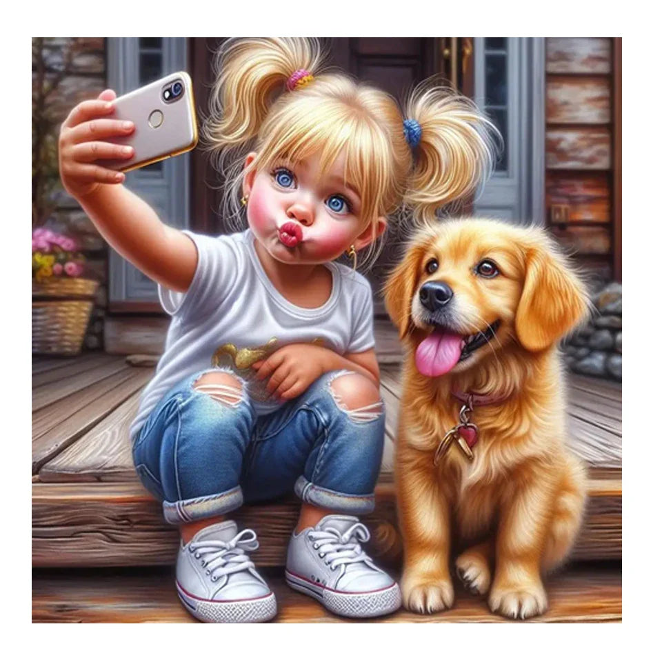 Diamond Painting - A Little Girl Taking a Selfie with a Dog