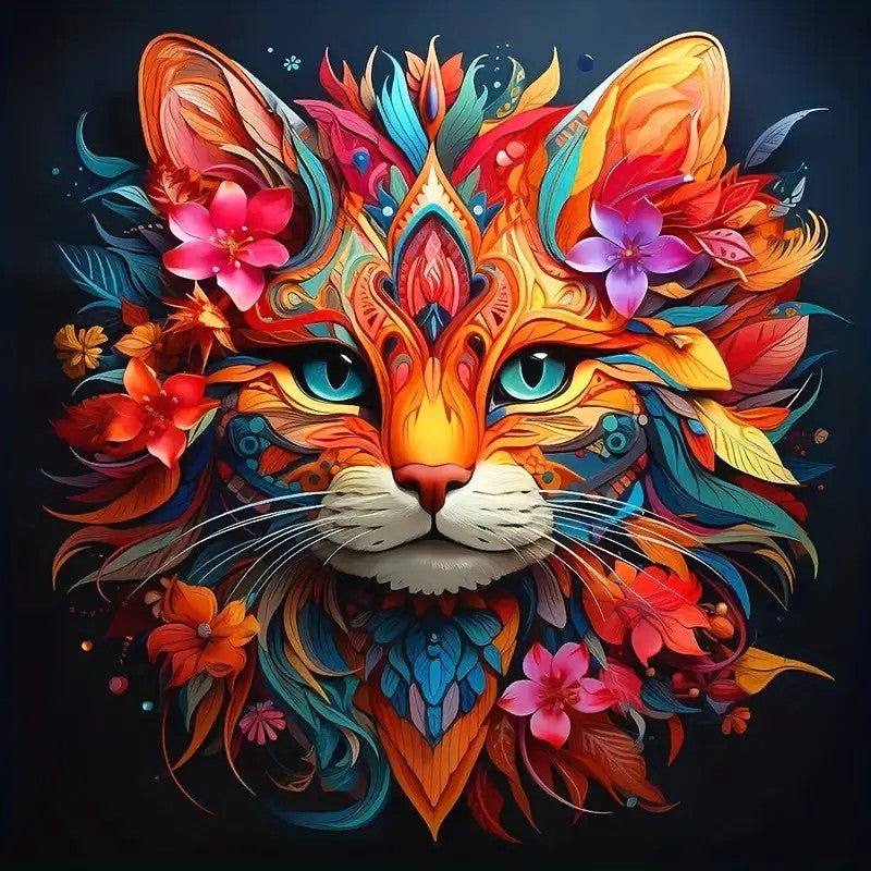 Diamond Painting - Cat Surrounded by Flowers of Various Colors