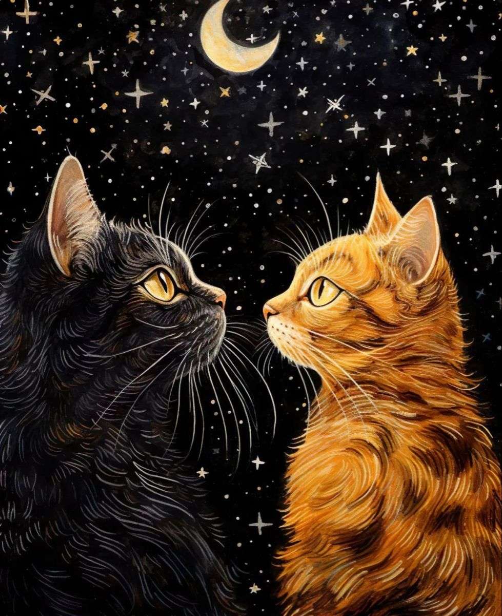 Diamond Painting - Two Cats Staring at Each Other under the Night Sky