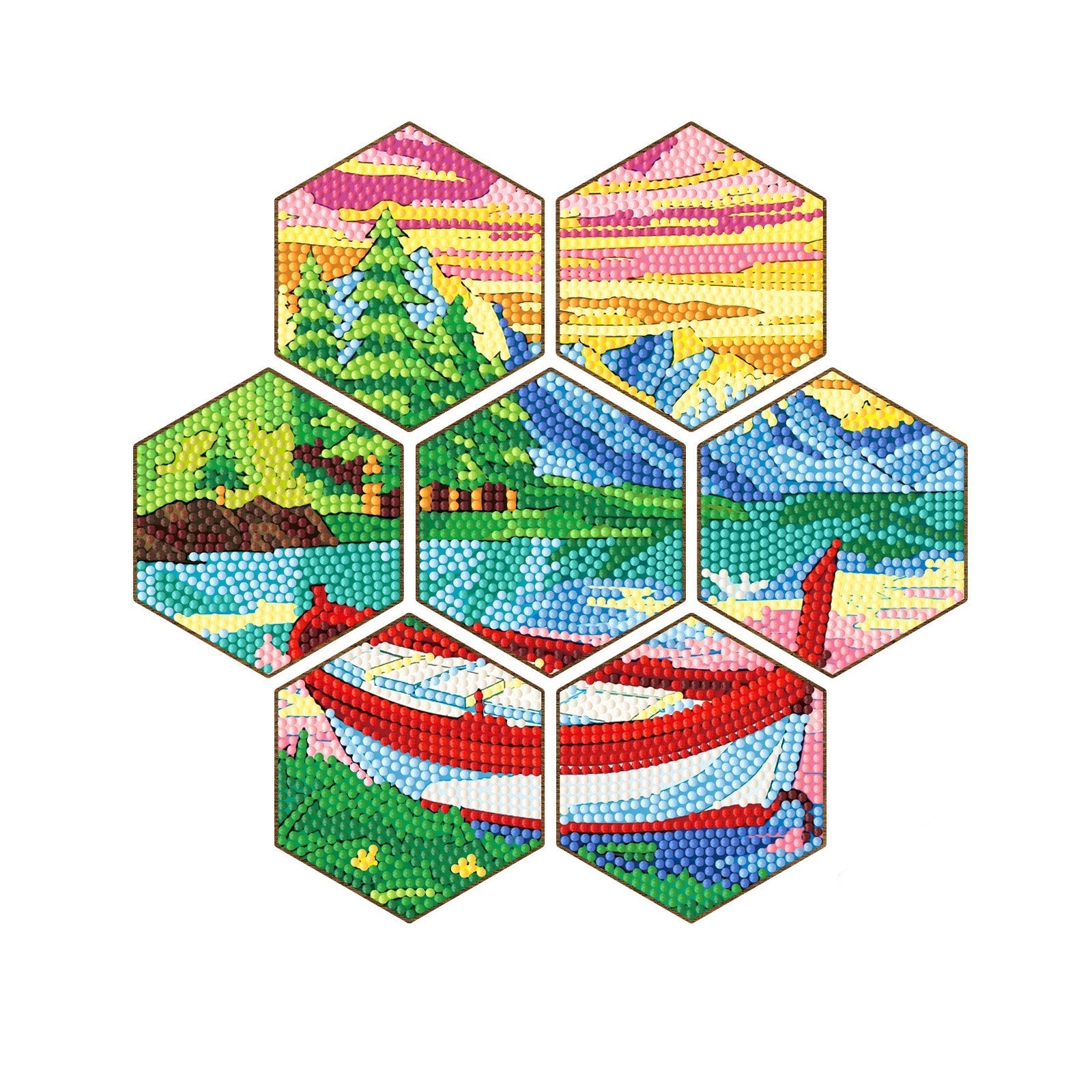 Diamond Painting-Coaster-7Pcs Wooden Boat on the River