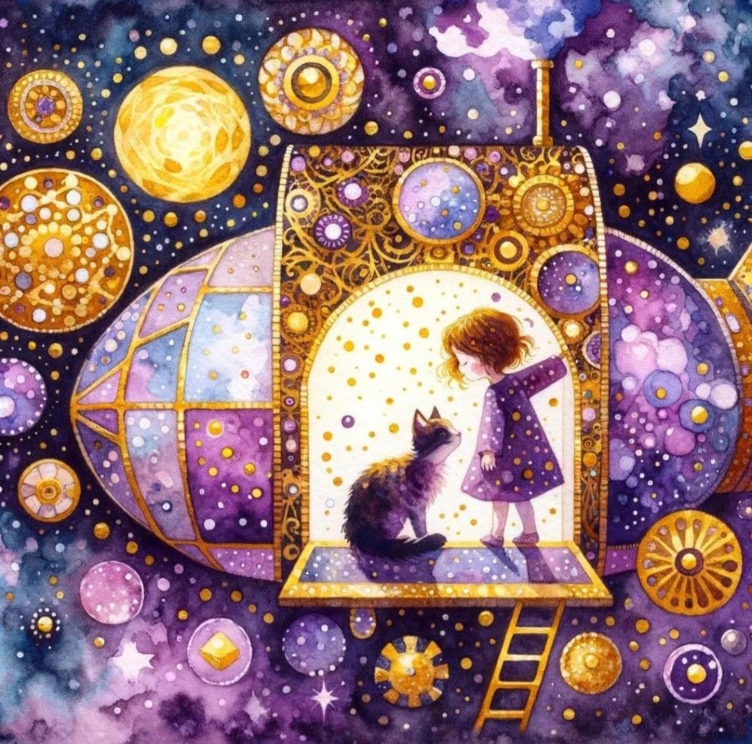 Diamond Painting - Little Girl and Cat on a Spaceship