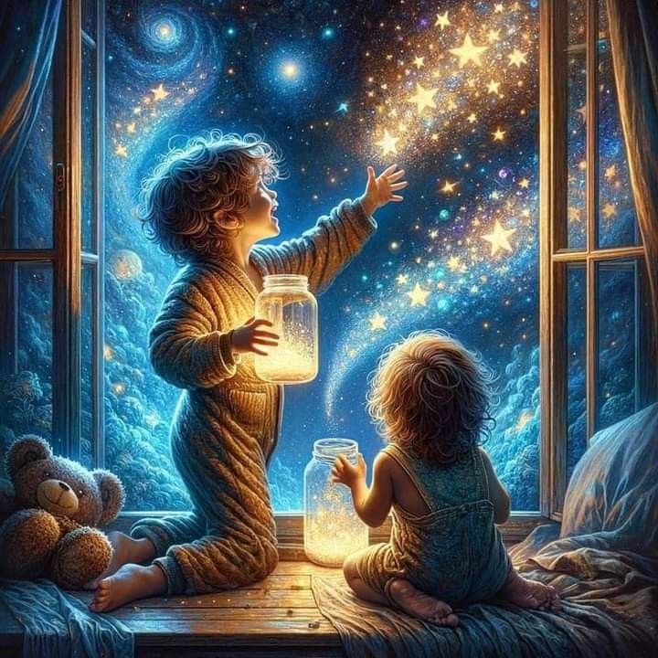 Diamond Painting - Two Children Watching the Stars from the Window