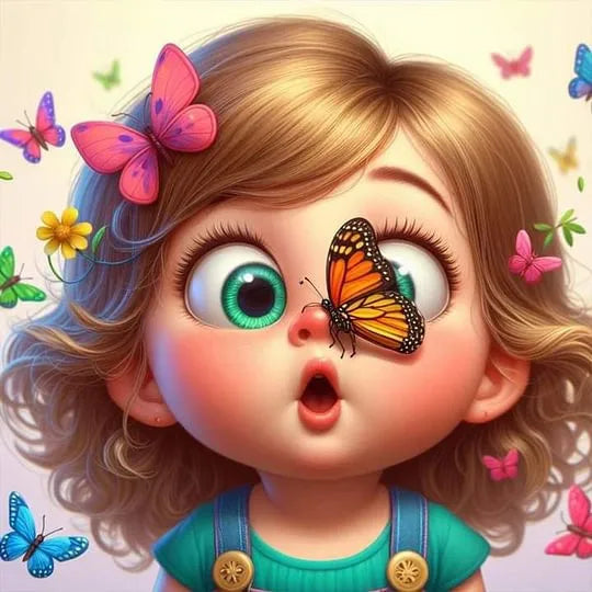 Diamond Painting - A Orange-yellow Butterfly Resting on a Little Girl's Nose