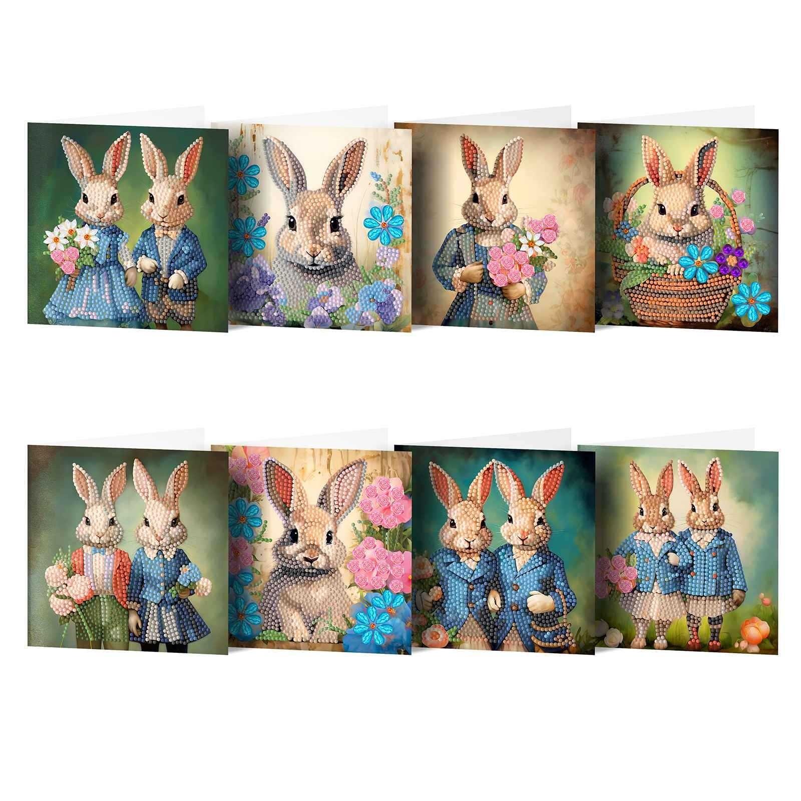 Diamond Painting-Greeting Card-8Pcs Rabbits and Flowers