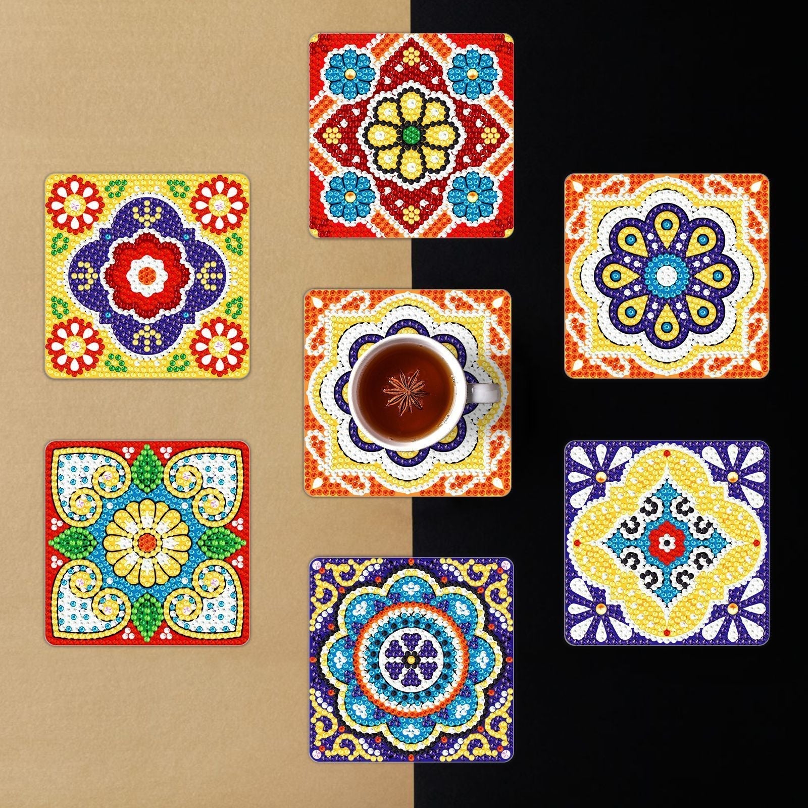 Diamond Painting-Coaster-6Pcs Flowers