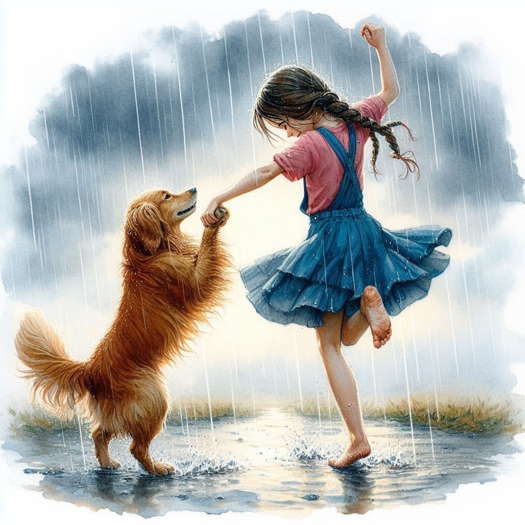 Diamond Painting - Little Girl Dancing in the Rain with a Dog