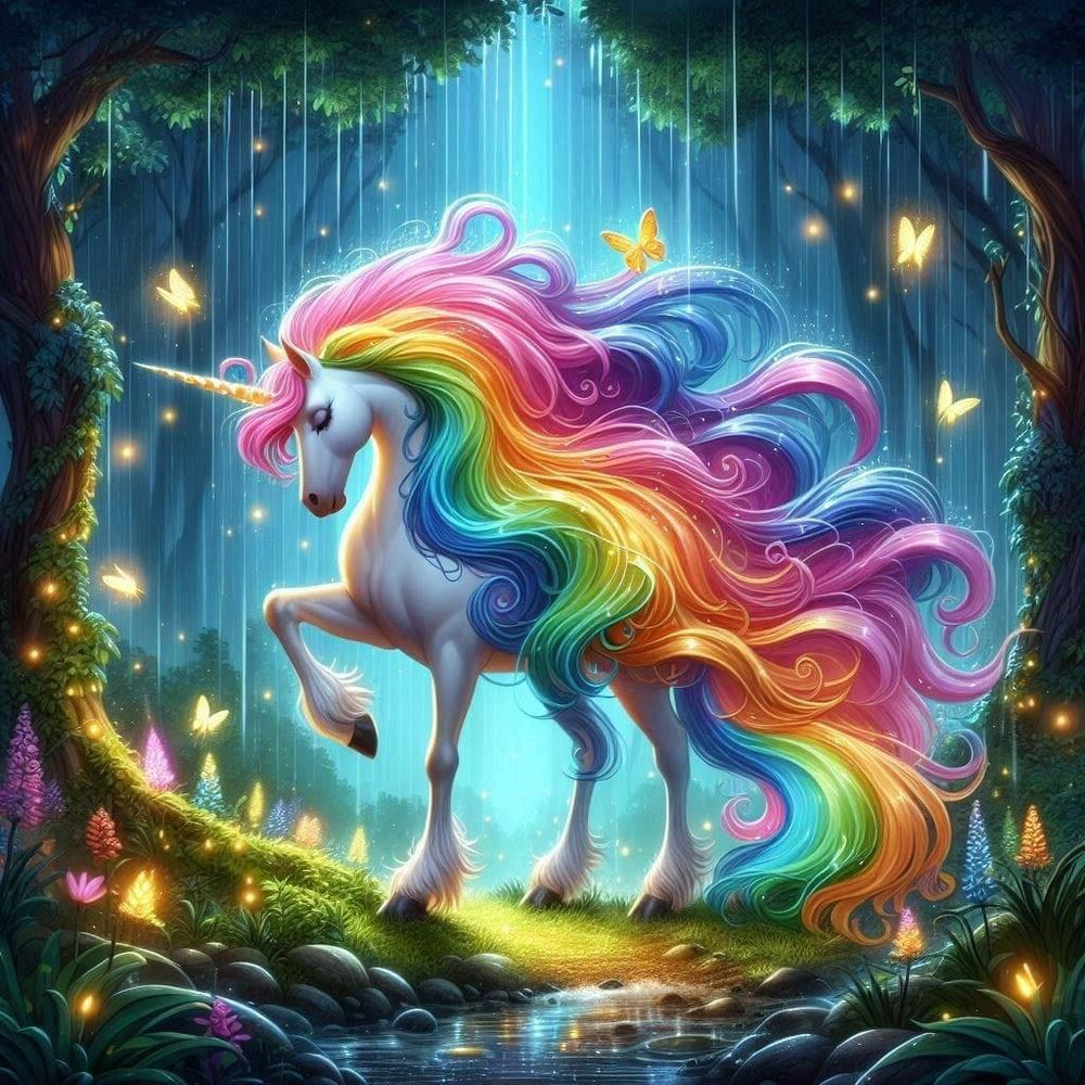 Diamond Painting - A Colorful Unicorn Walks in the Forest