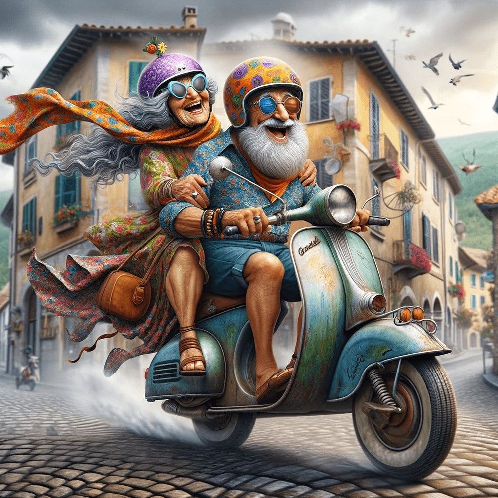 Diamond Painting - An Elderly Couple Riding a Motorcycle on the Street