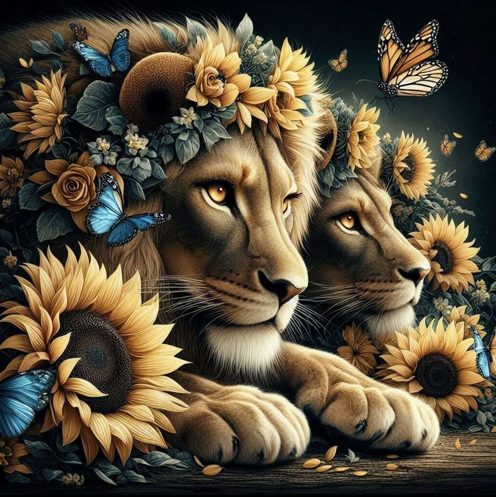 Diamond Painting - Two Lions with Flowers