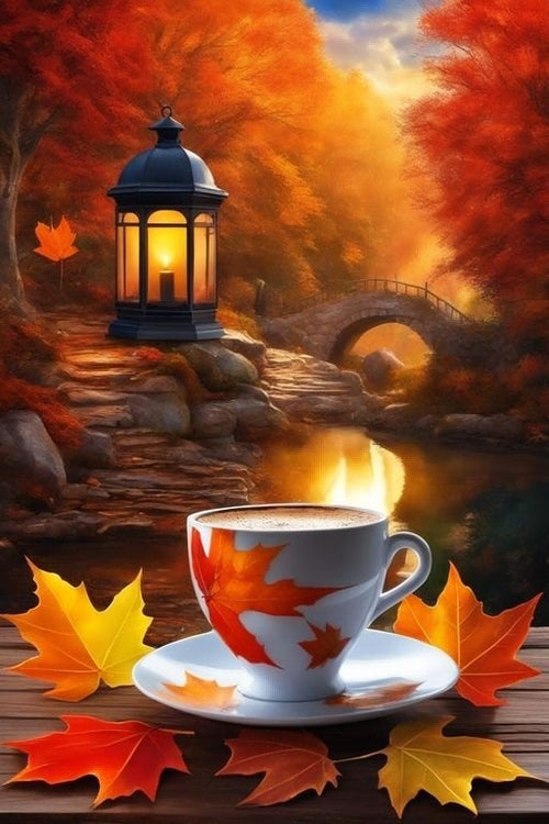 Diamond Painting - Coffee by the River in Late Autumn