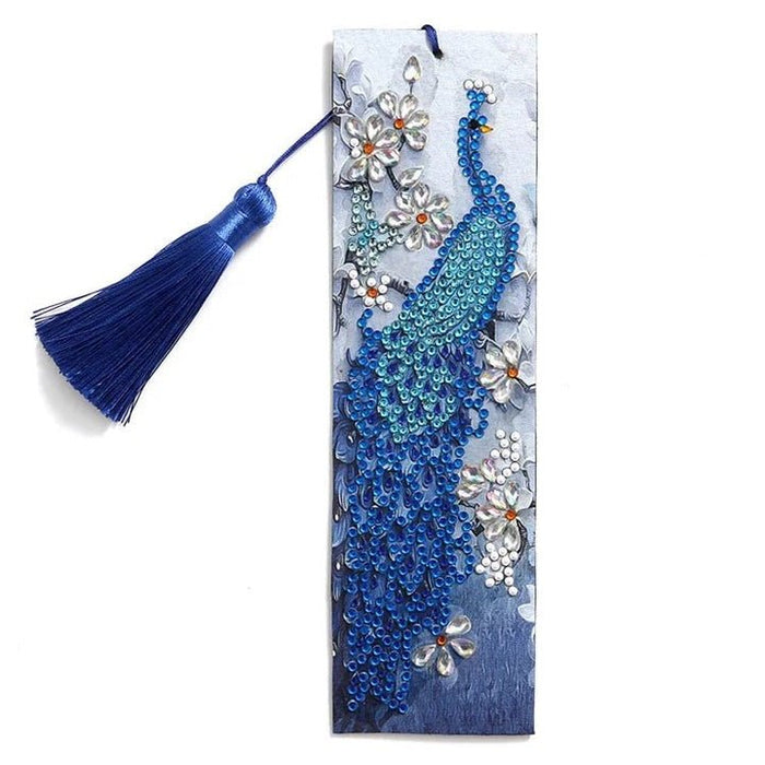 Diamond Painting-Bookmark with Blue Peacock and Flowers