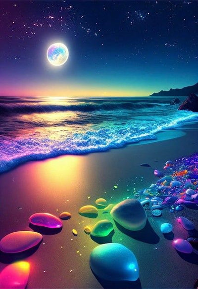 Diamond Painting - Glowing Stones on the Beach under Moonlight