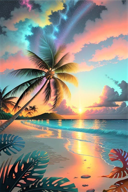 Diamond Painting - Coconut Trees on the Beach with Colorful Sky