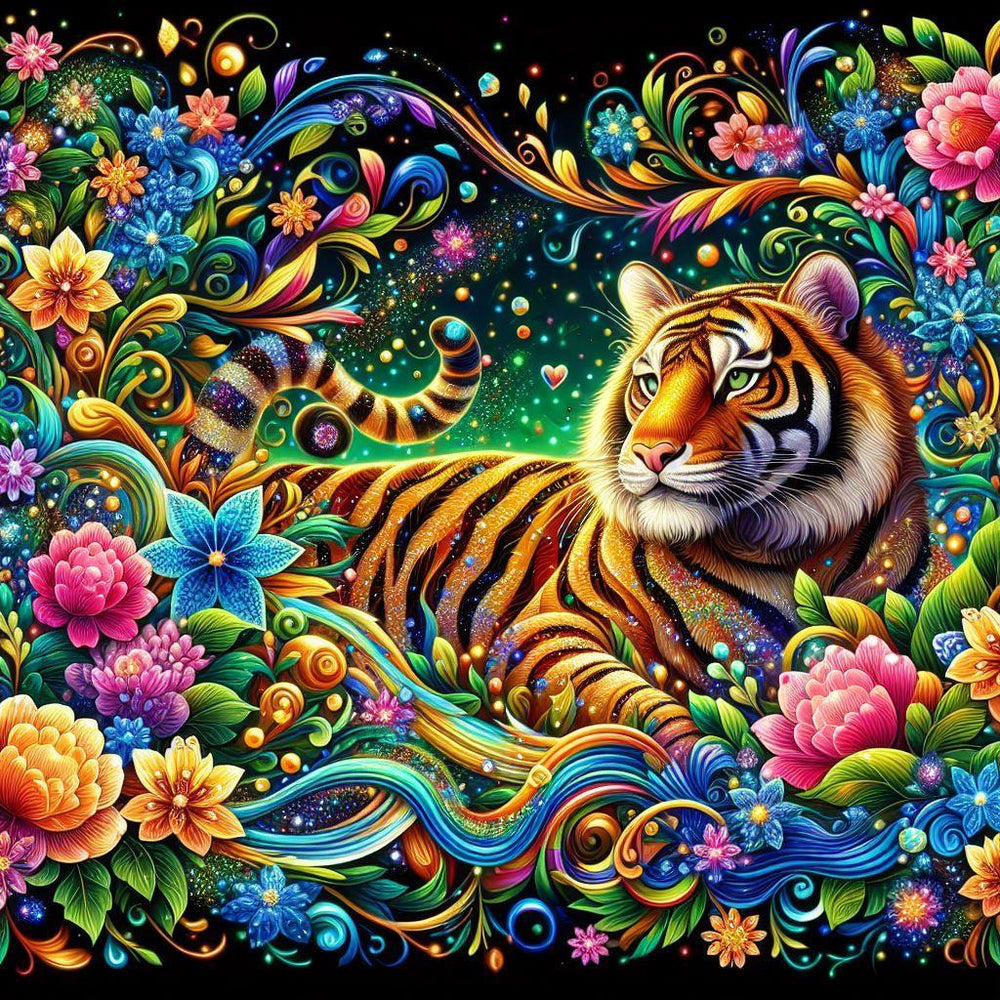 Diamond Painting - Tiger Surrounded by Colorful Flowers