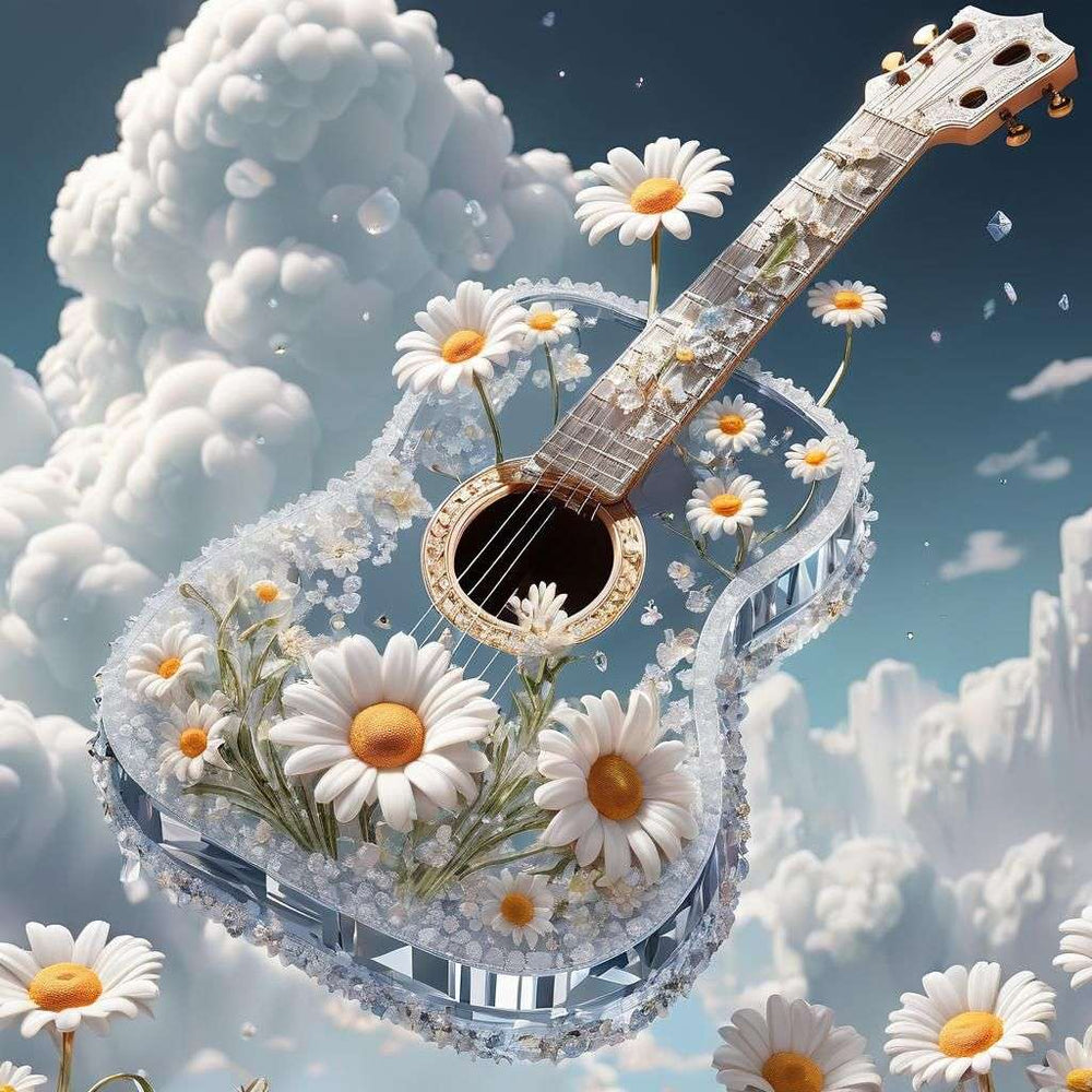 Diamond Painting - White Chrysanthemum Guitar